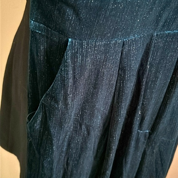 New Main Strip Rhinestone Halter Strapless Sweetheart Neck Teal Velvet Jumpsuit - Picture 7 of 16